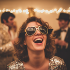 Person wearing gold Elvis Presley glasses with black sideburns laughing at a fancy dress party