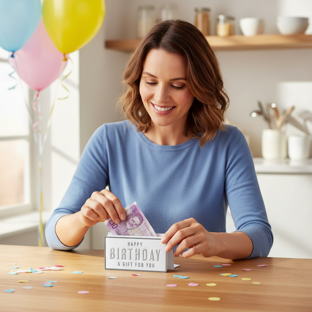 Woman placing a banknote into a Happy Birthday money wallet at a birthday party table