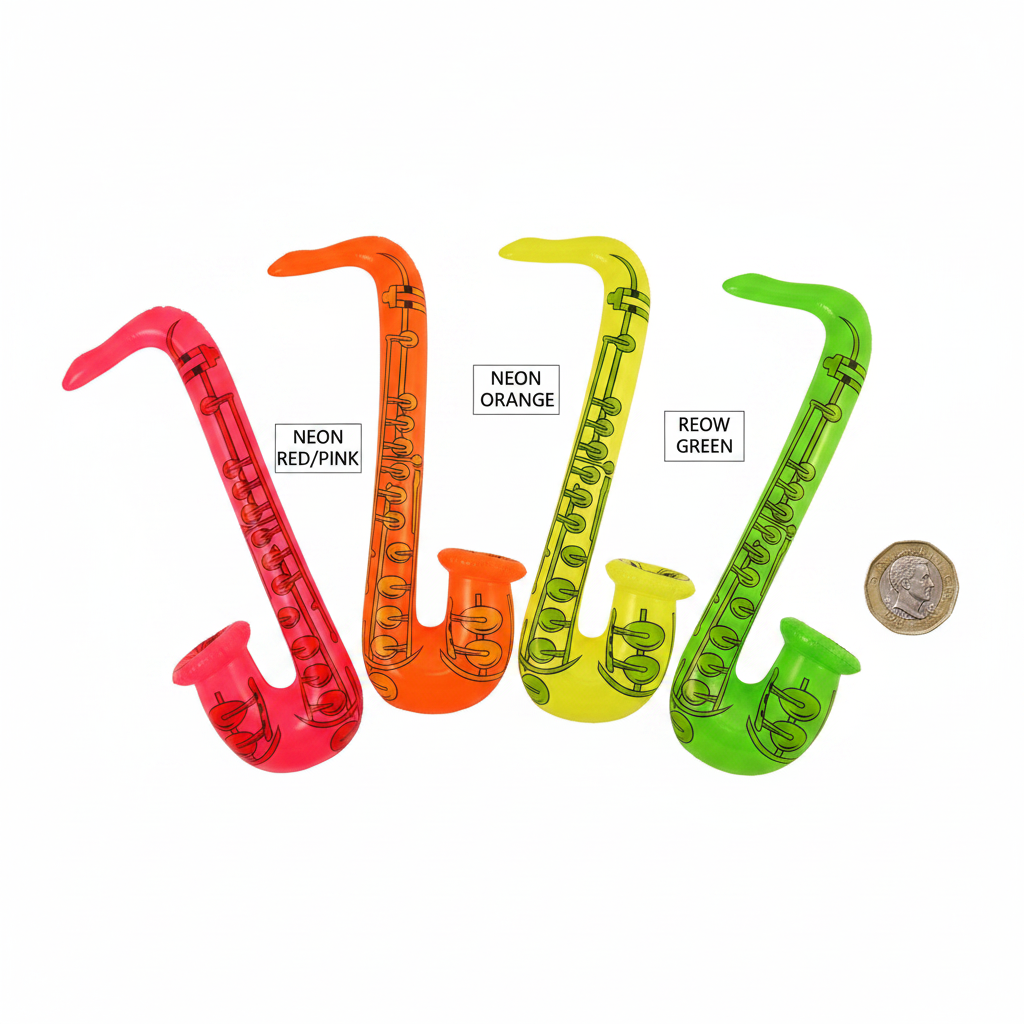 Flat lay of four neon inflatable saxophones beside a £1 coin to show scale — approximately 55cm when inflated