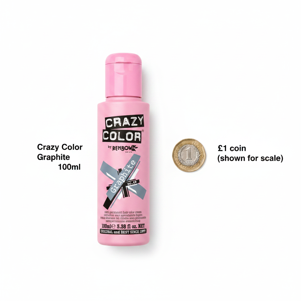 Crazy Color Graphite 100ml hair dye bottle beside a £1 coin on white background to show size
