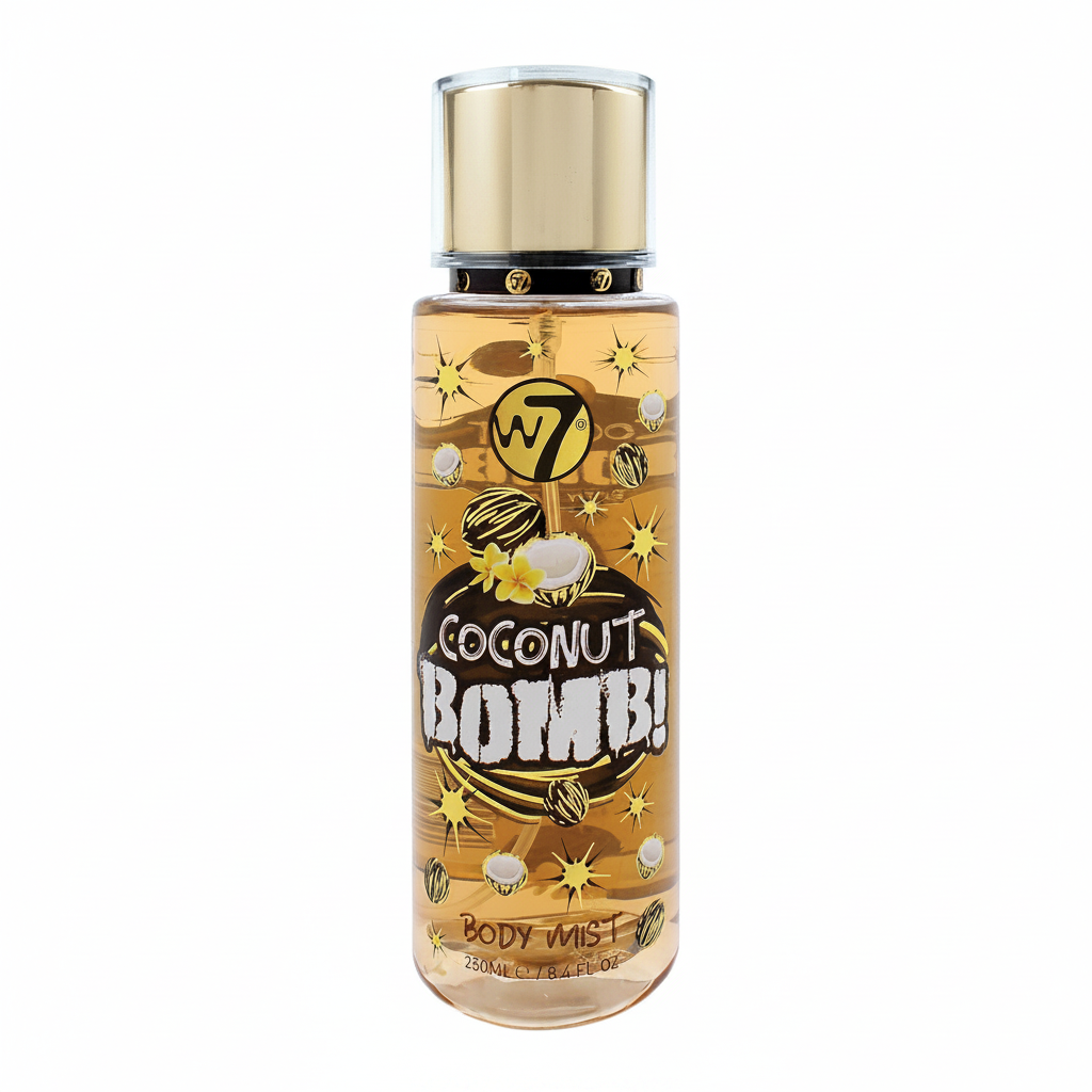 W7 Women's Body Mist Spray Coconut Bomb 250ml on pure white background, tall clear bottle with amber liquid, gold pump cap and Coconut Bomb label