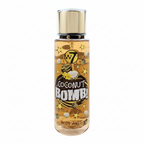 W7 Women's Body Mist Spray Coconut Bomb 250ml on pure white background, tall clear bottle with amber liquid, gold pump cap and Coconut Bomb label