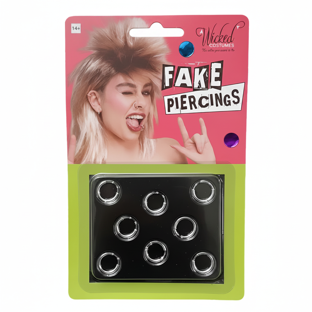Fake Piercings Set 8-Pack by Wicked Costumes — hot pink blister card with lime green tray border containing 8 silver chrome clip-on hoop rings on black tray, pure white background hero shot