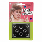 Fake Piercings Set 8-Pack by Wicked Costumes — hot pink blister card with lime green tray border containing 8 silver chrome clip-on hoop rings on black tray, pure white background hero shot