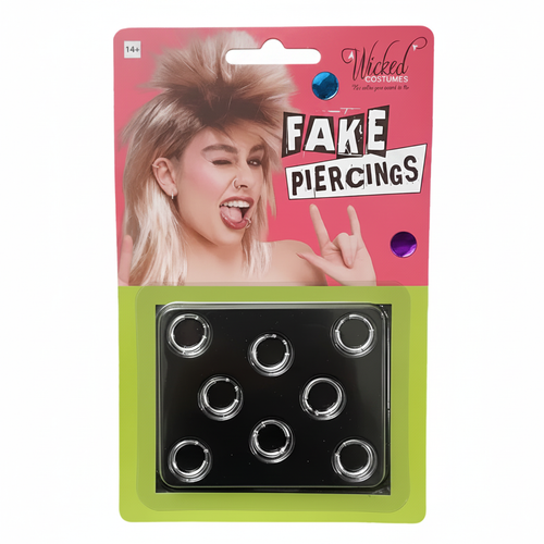 Fake Piercings Set 8-Pack by Wicked Costumes — hot pink blister card with lime green tray border containing 8 silver chrome clip-on hoop rings on black tray, pure white background hero shot