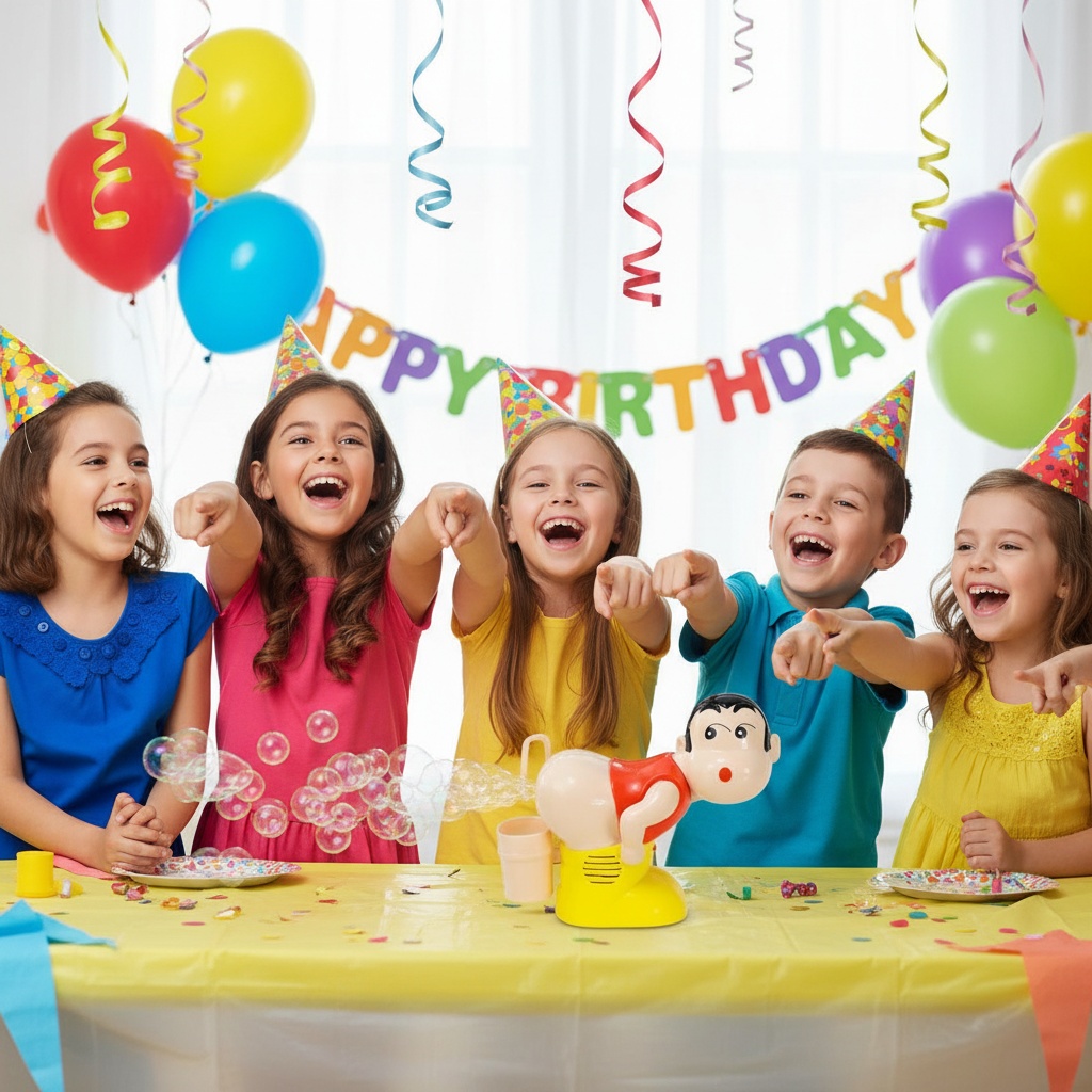 Children at birthday party laughing at Funny Boy Bubble Farting Machine - lifestyle image