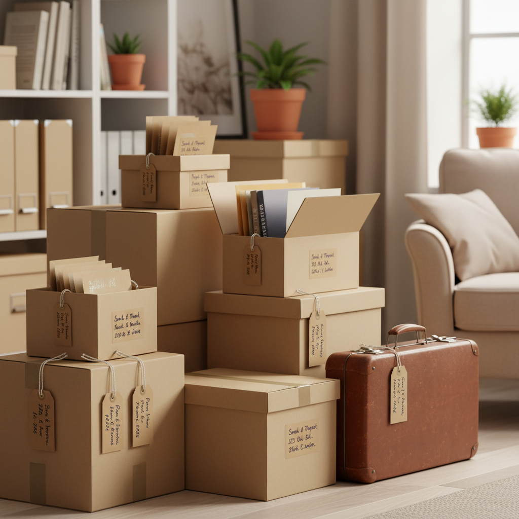 Neatly organised storage room with boxes and suitcase all labelled with kraft brown tie-on luggage labels