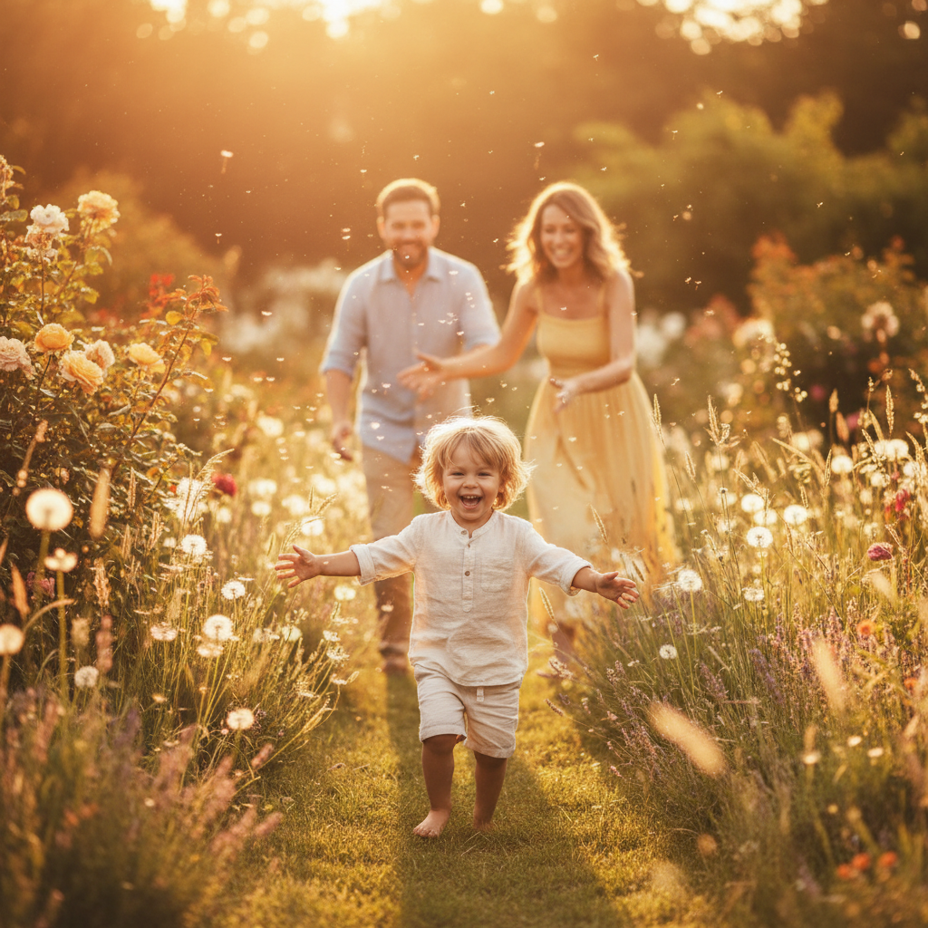 Happy child playing freely outdoors in golden hour sunlight, carefree family lifestyle moment