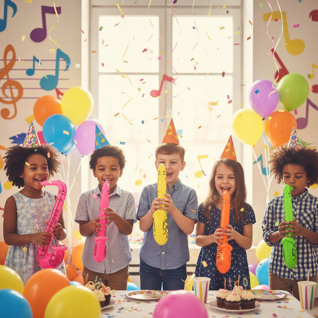 Children at a colourful music-themed birthday party playing with inflatable saxophones