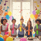 Children at a colourful music-themed birthday party playing with inflatable saxophones