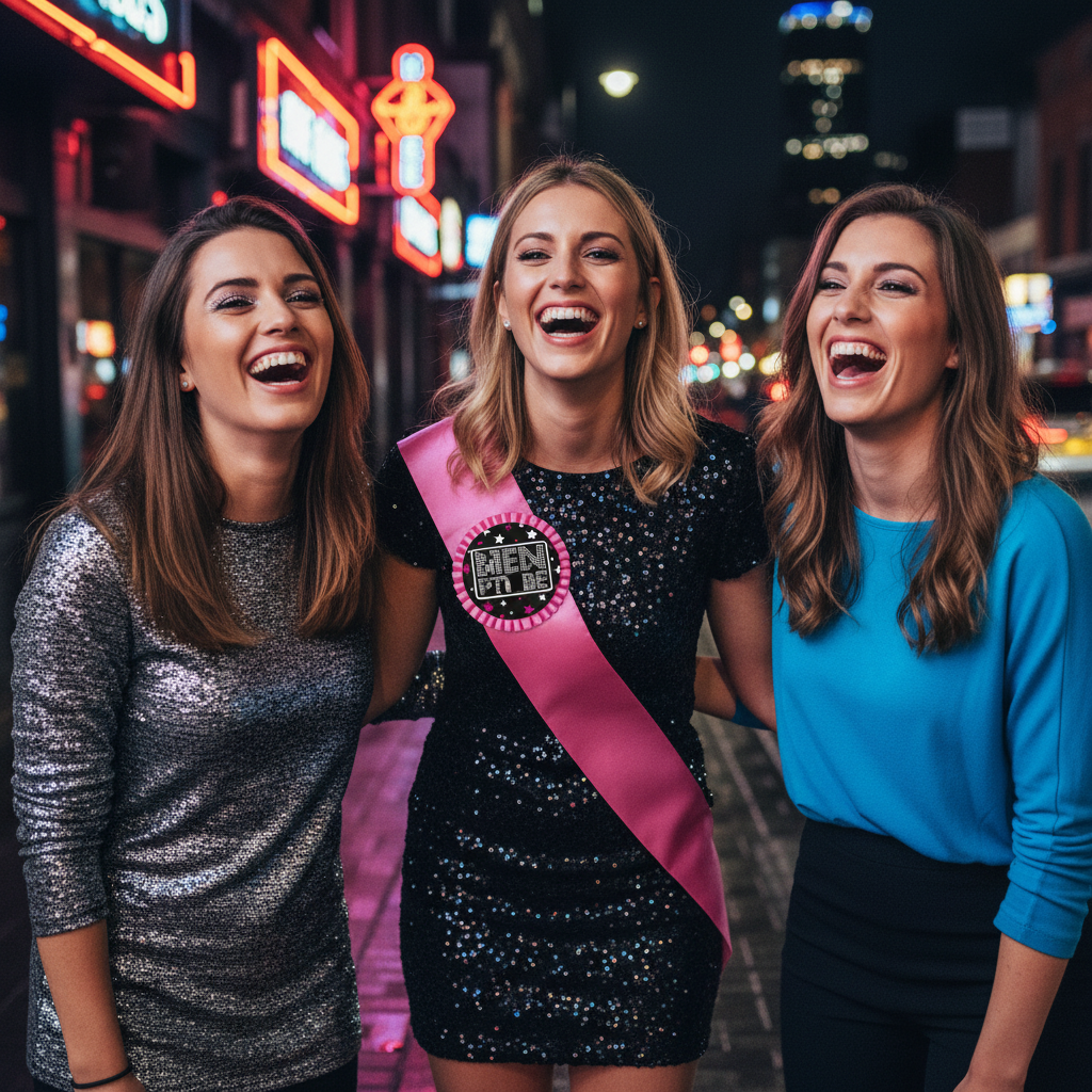 Group of women on hen party night out with bride wearing Bride To Be badge and pink sash