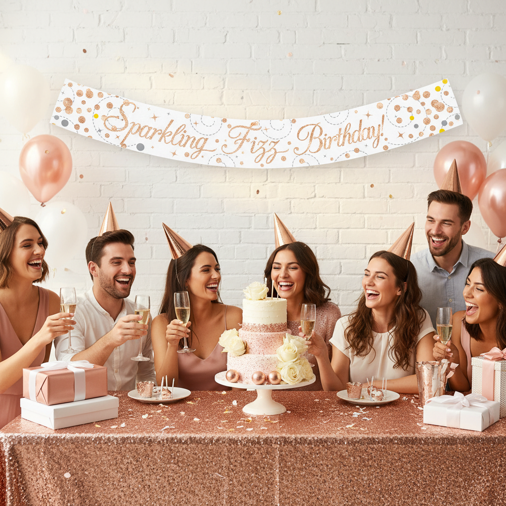 Birthday party celebration with guests enjoying festivities under Sparkling Fizz banner with rose gold decorations