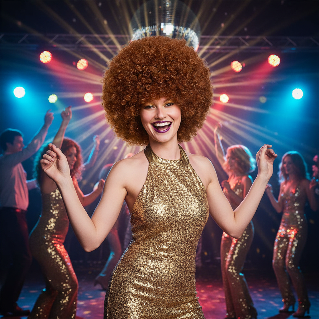 Woman wearing Giant Brown Afro Wig dancing at a vibrant 70s disco party in a gold glittery outfit