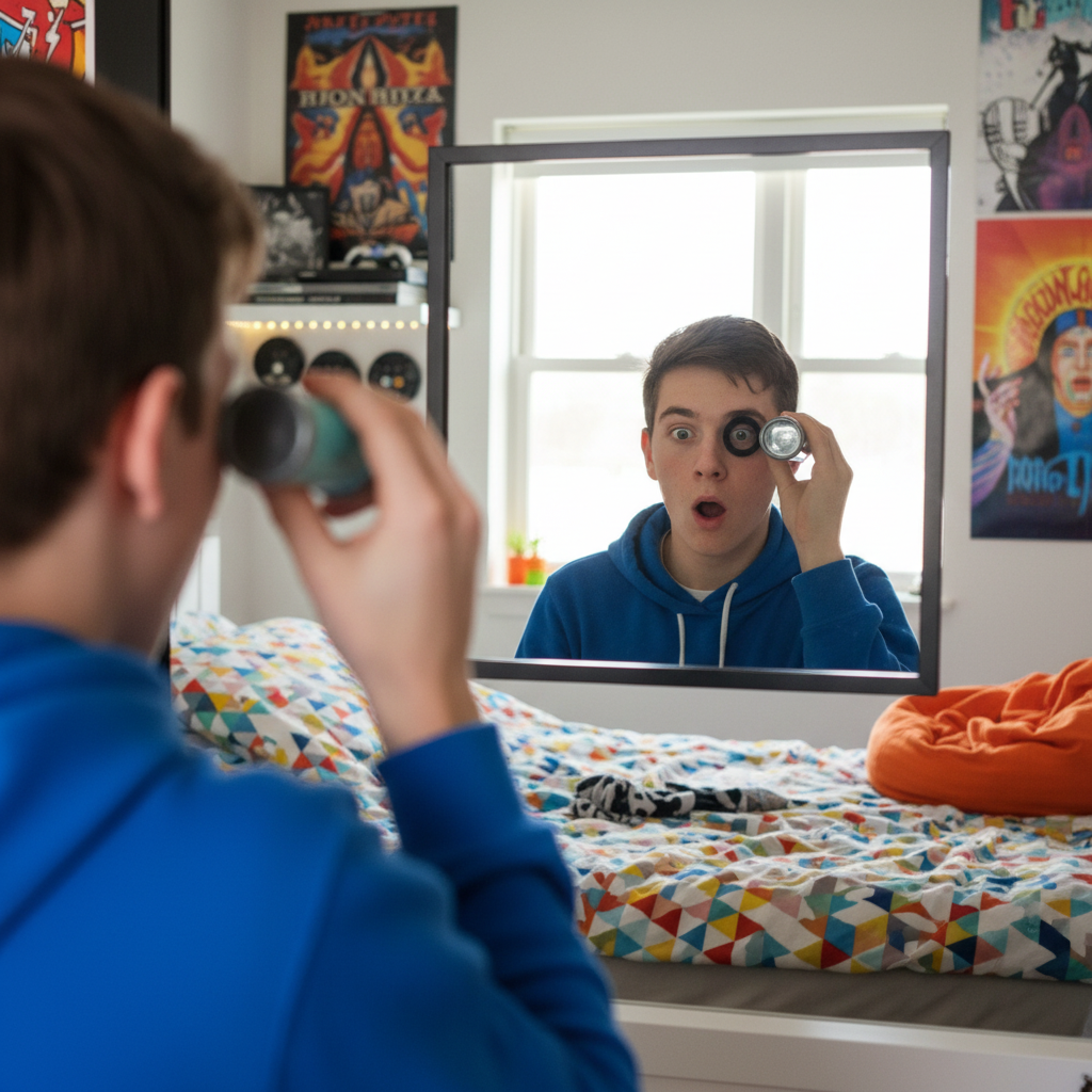 Teenage boy with black ring around eye from joke black eye viewer prank toy