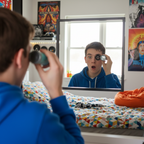 Teenage boy with black ring around eye from joke black eye viewer prank toy