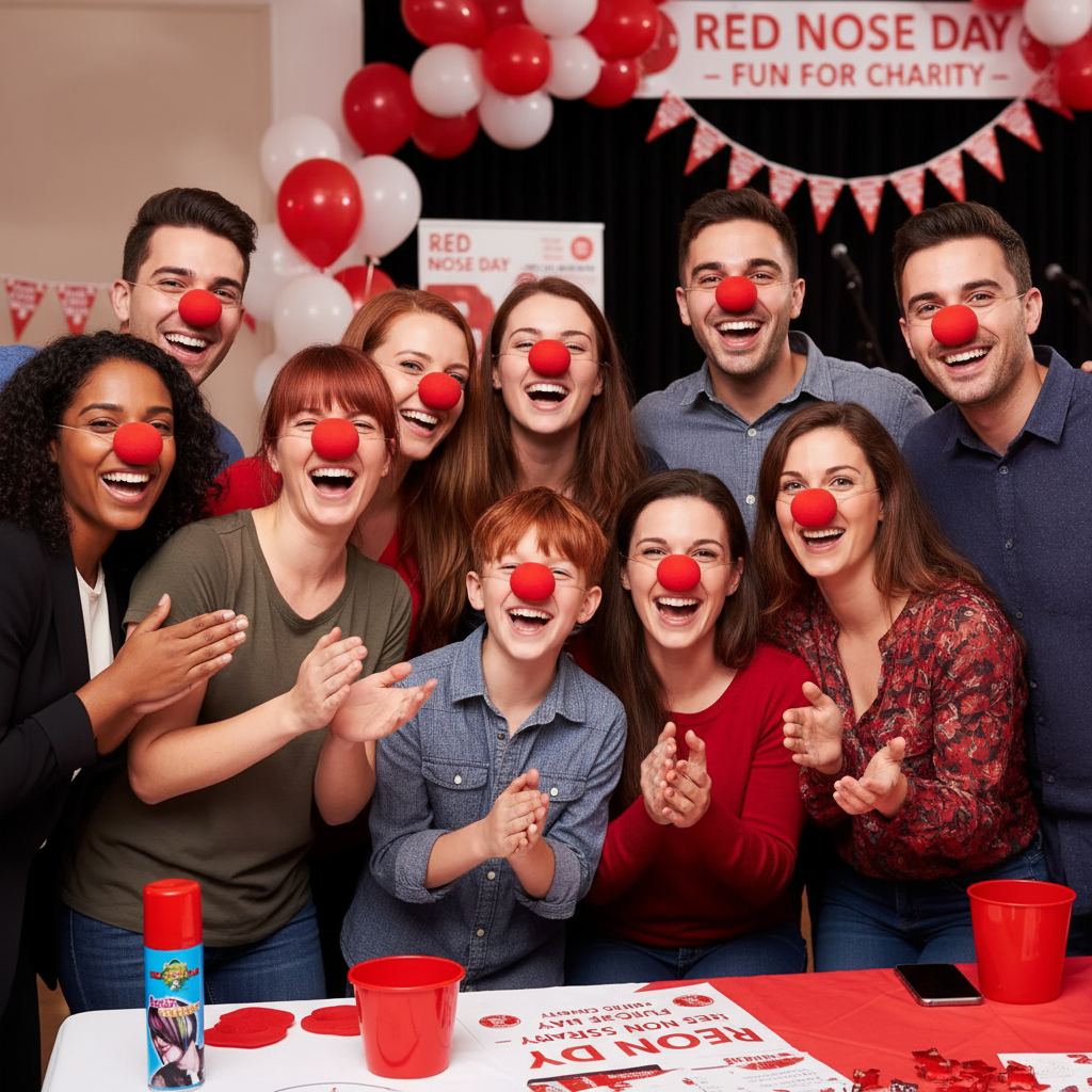Group of friends celebrating Red Nose Day with red noses and hair spray - charity fundraising event