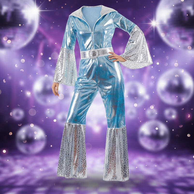 Blue and silver ABBA Waterloo disco costume dress with glamorous party background