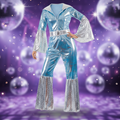 Blue and silver ABBA Waterloo disco costume dress with glamorous party background