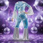 Blue and silver ABBA Waterloo disco costume dress with glamorous party background
