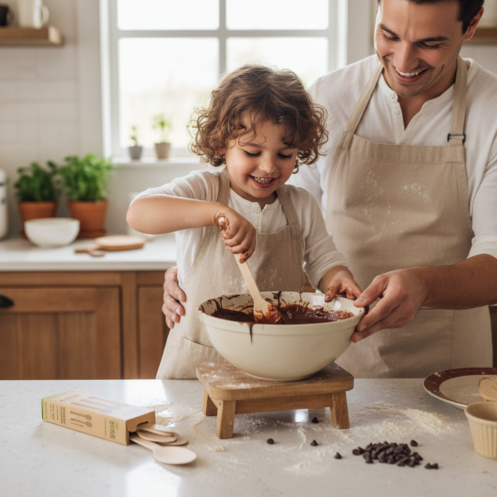Child and parent baking together using an eco birchwood wooden spoon to stir cake batter