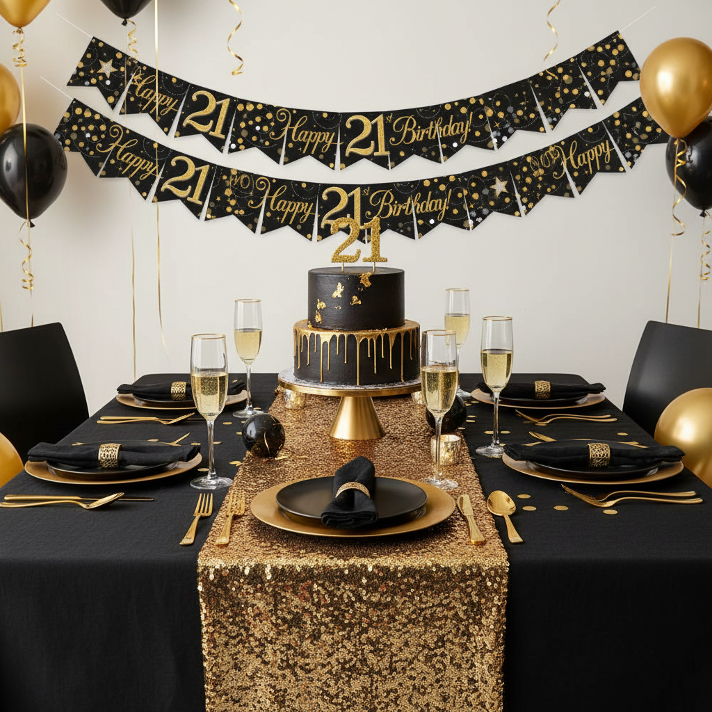 Elegant 21st birthday party table setup with Sparkling Fizz banner and black gold decorations