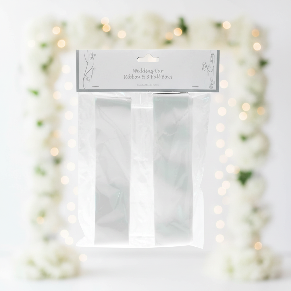 White wedding car ribbon and pull bows pack of 3 on a soft romantic white floral background