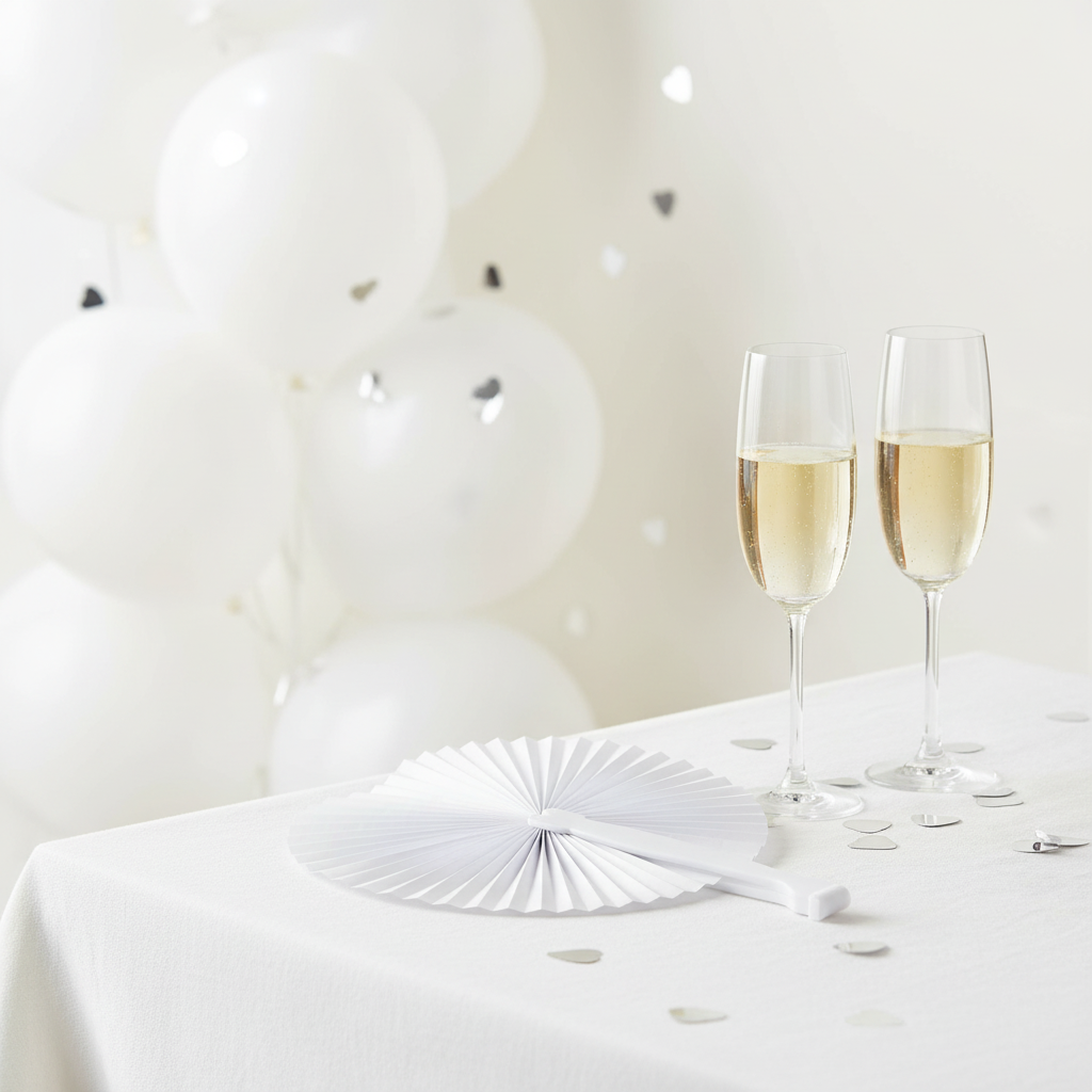 White heart paper fan at a hen party table setting with champagne glasses and white balloons