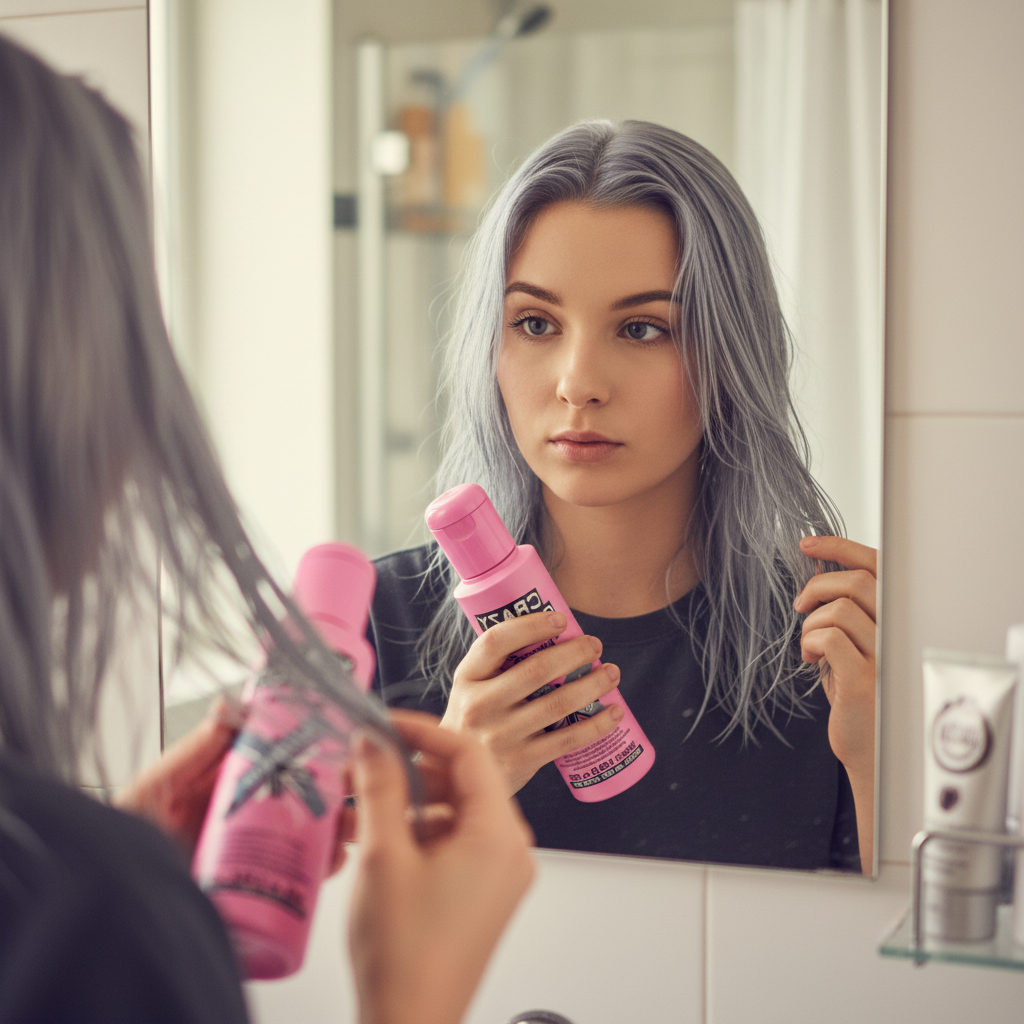 Woman applying Crazy Color Graphite hair dye with pink bottle in hand, silver-grey hair result visible