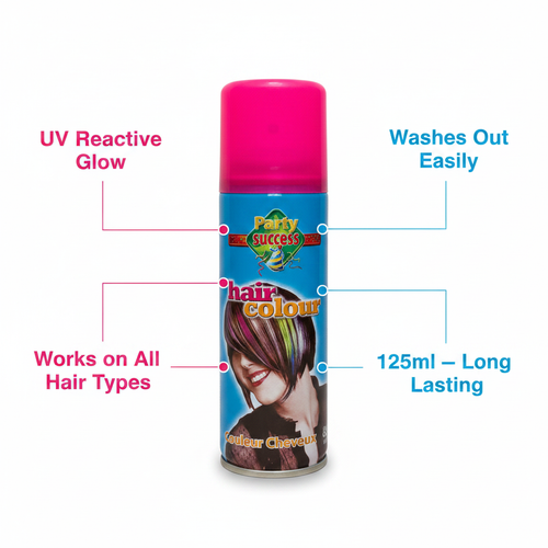 Party Success Fluorescent Pink Hair Colour Spray infographic showing UV reactive glow, wash out formula, 125ml size and all hair types