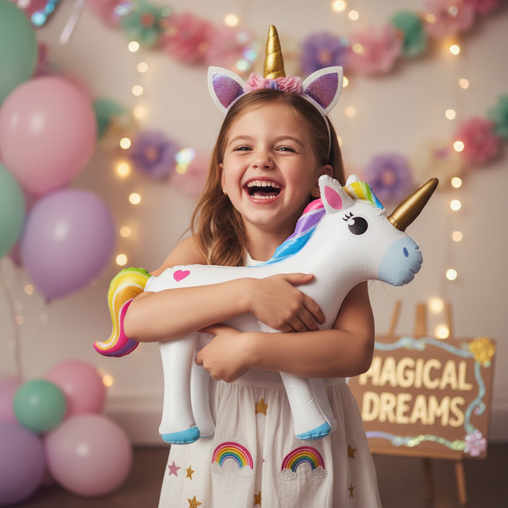 Young girl at a unicorn birthday party hugging an inflatable unicorn 53x35cm