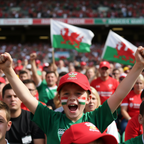 Young boy wearing Welsh Three Feathers red baseball cap cheering at Welsh rugby match