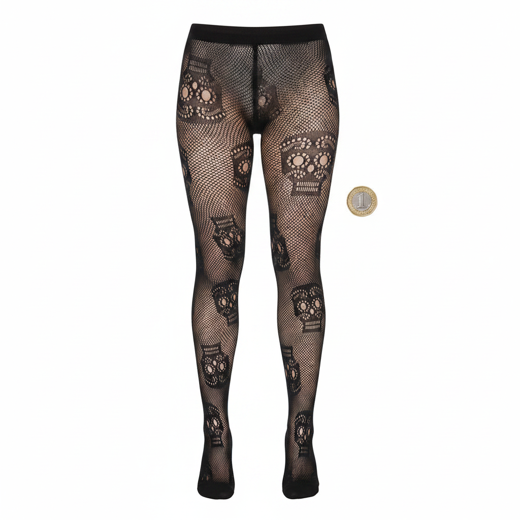 Womens black fishnet skull tights flat lay with £1 coin for scale reference