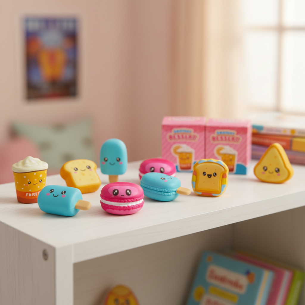 Kawaii squishy dessert toys collection displayed on bedroom shelf outcome