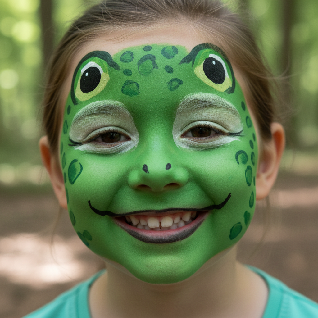 Child with professionally applied Snazaroo bright green face paint as frog character, showing vibrant colour result