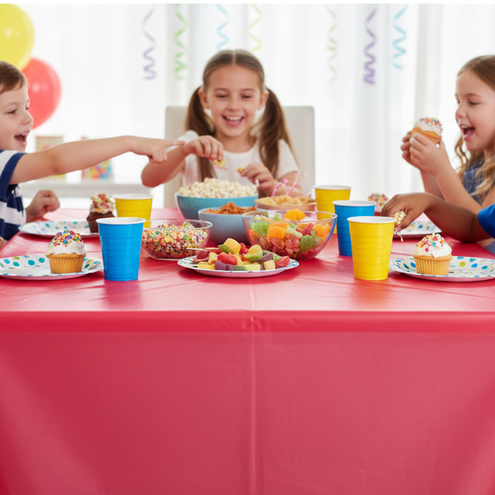 Children's birthday party table covered with a ruby red plastic table cover with snacks and decorations