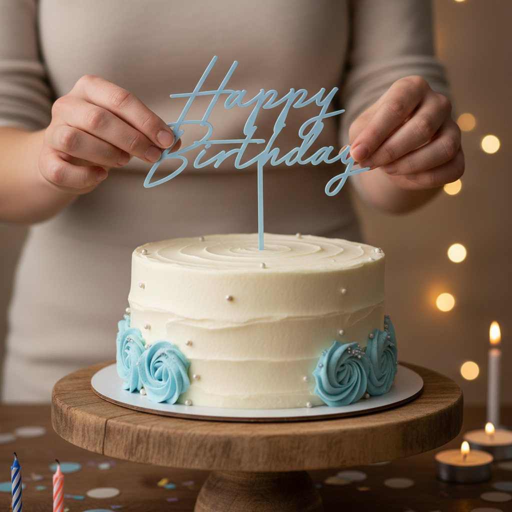 Person's hands placing a misty powder blue acrylic Happy Birthday cake topper onto a birthday cake in a warm celebratory setting