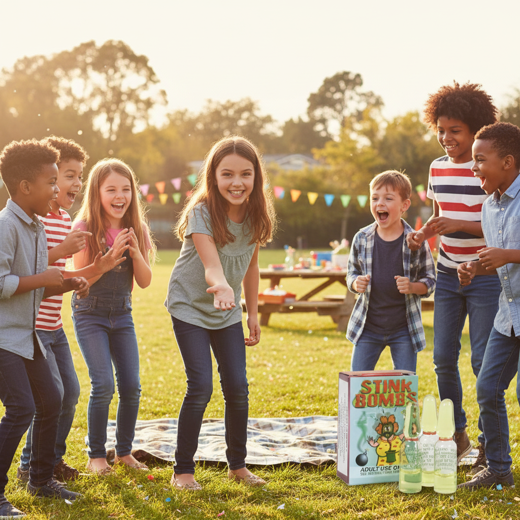 Kids enjoying Stink Bombs Pack of 3 prank at school party - harmless practical joke toy for children's entertainment