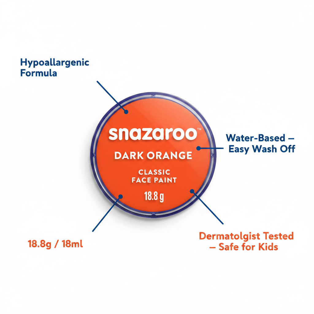 Snazaroo Dark Orange Face Paint 18ml infographic showing key features: hypoallergenic, water-based, dermatologist tested, easy wash off