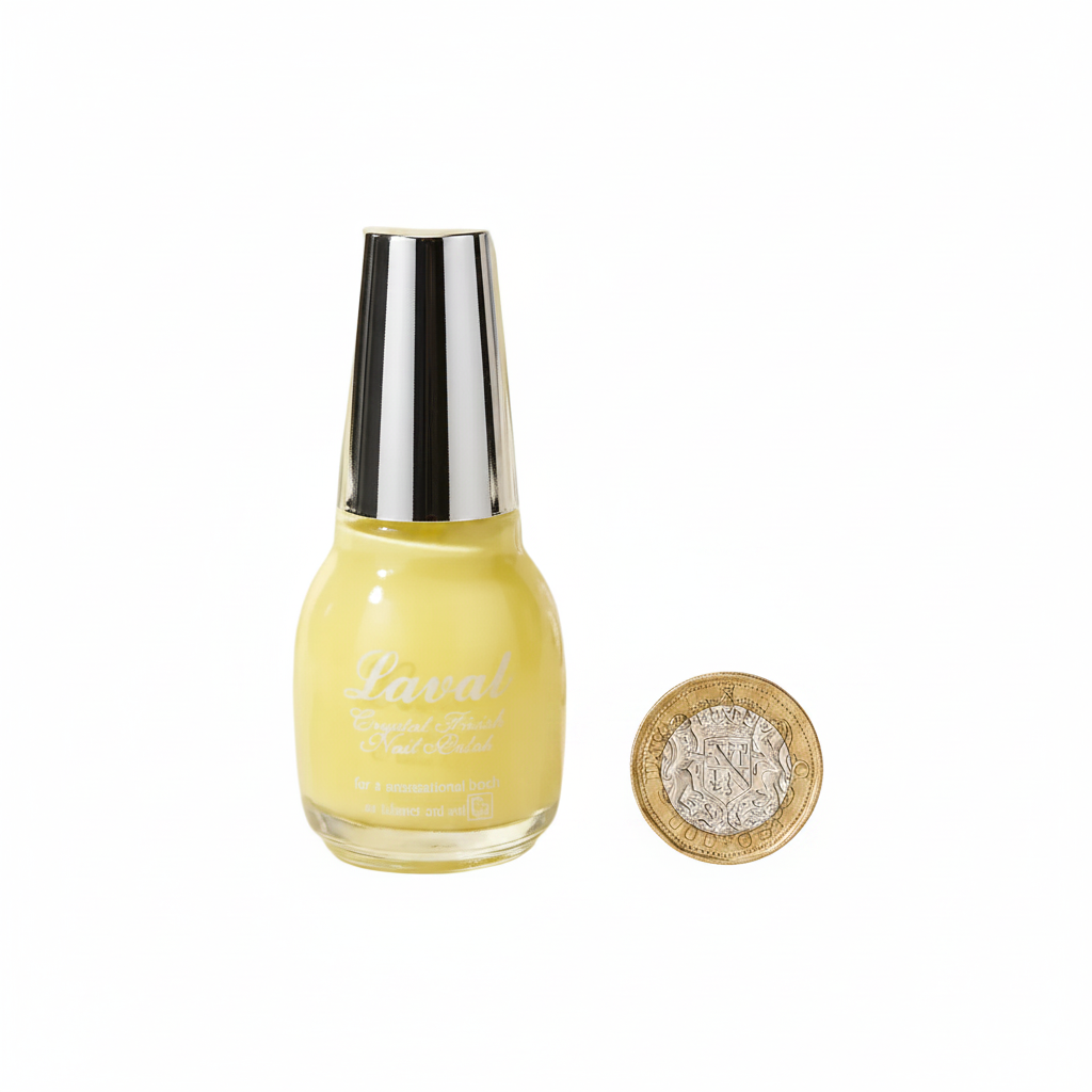 Laval Crystal Finish Nail Polish pastel yellow bottle beside a UK £1 coin on white background showing product size