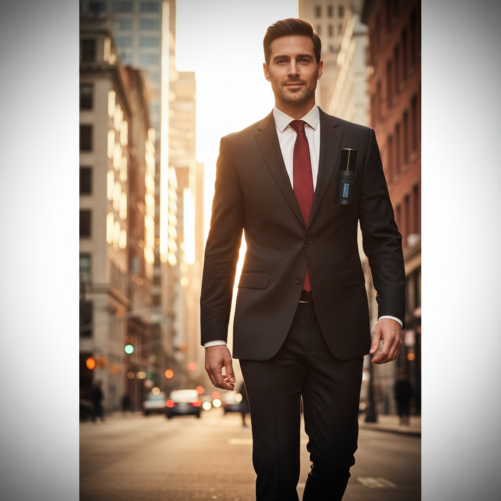 Confident stylish man in dark suit at golden hour — Milton Lloyd Bondage Hommes aspirational lifestyle