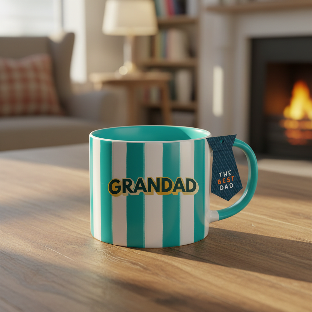 Gift Mug Grandad Stripes 700ml - hero product shot on rustic wooden table with warm bokeh background