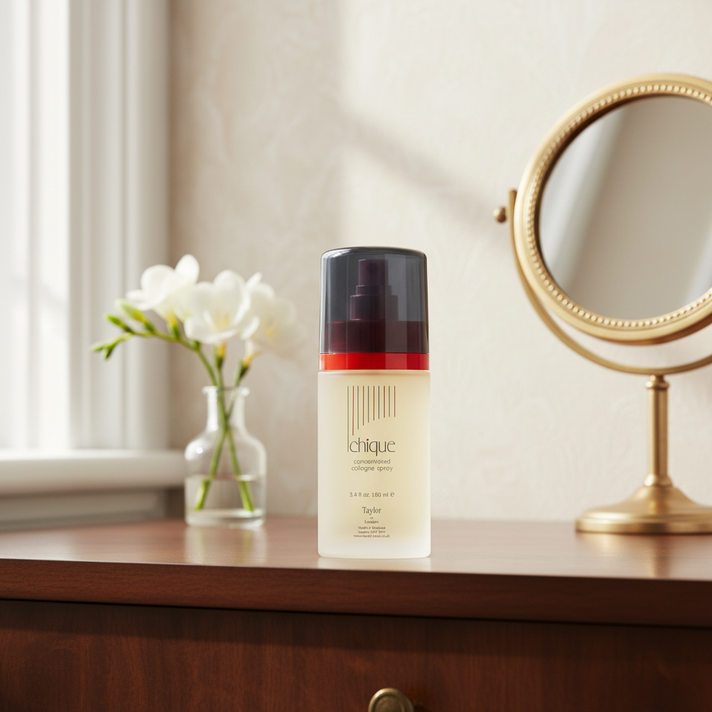 Taylor of London Chique cologne spray on elegant dressing table with natural window light and fresh flowers, lifestyle product photography