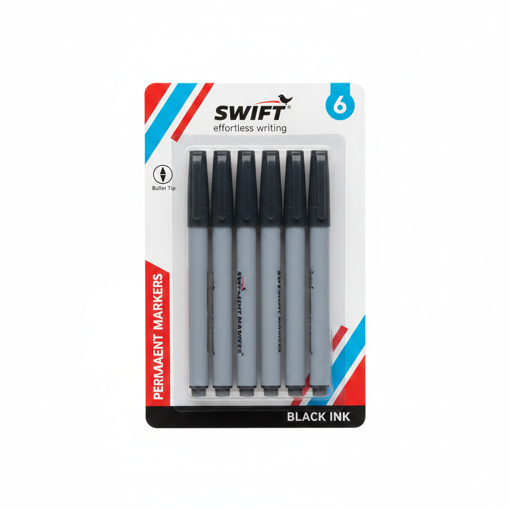 Swift Permanent Markers Black 6 Pack on pure white background — Amazon and eBay compliant hero shot showing all 6 grey-bodied markers in blister packaging