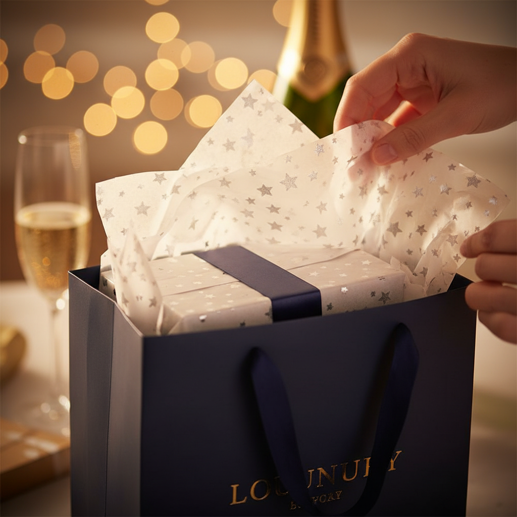 White tissue paper with silver stars arranged in a luxury gift bag for a celebration