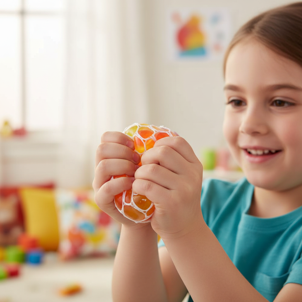 Child squeezing mesh net bead stress ball with beads bulging through white mesh in playroom