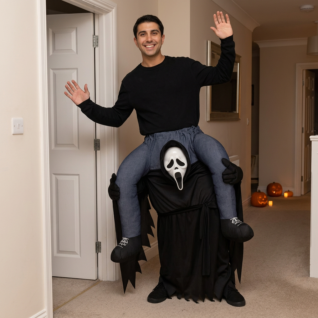 Adult wearing Ghost Face carry-me costume in a home hallway with pumpkins in the background