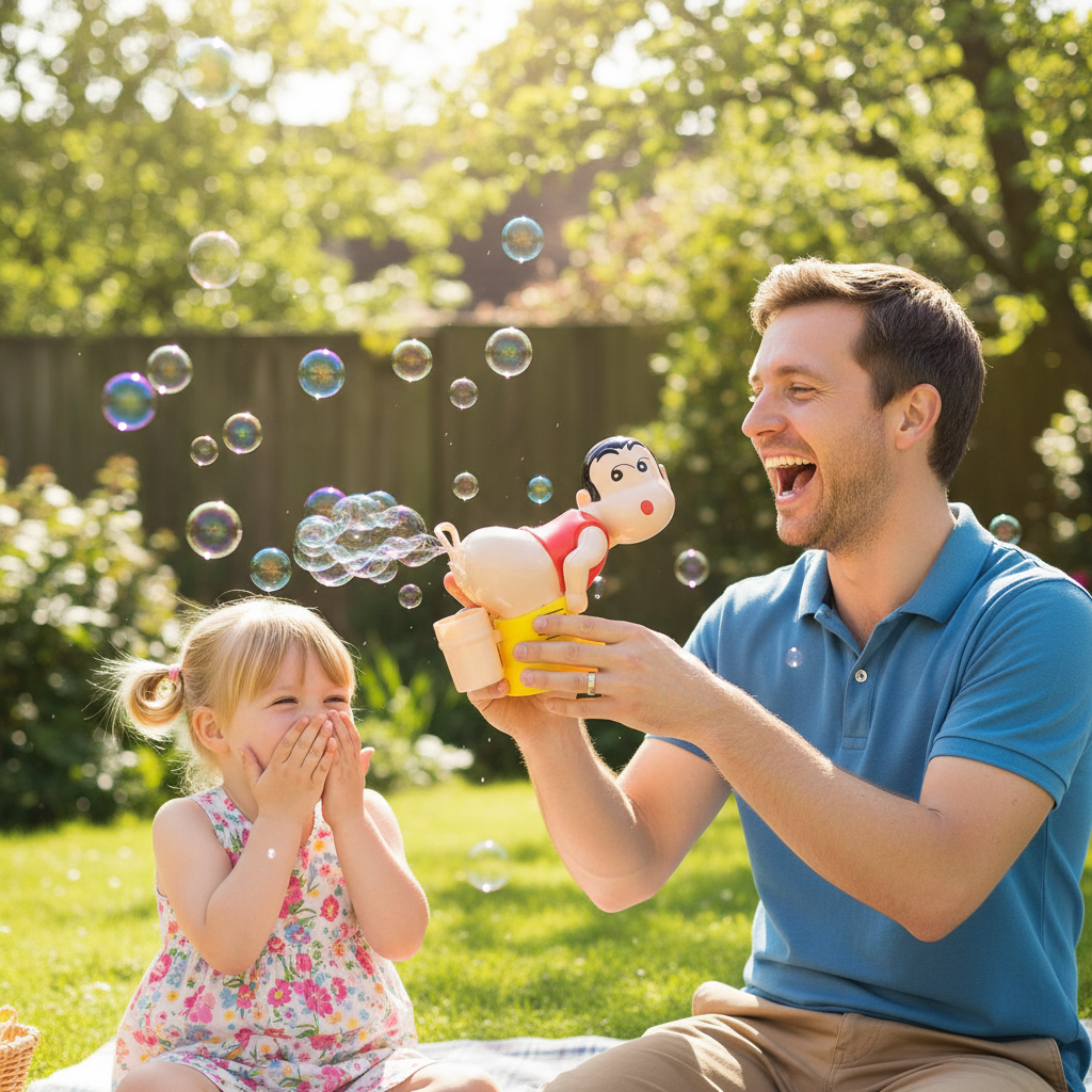 Dad and daughter laughing at Funny Boy Bubble Farting Machine in garden - lifestyle image