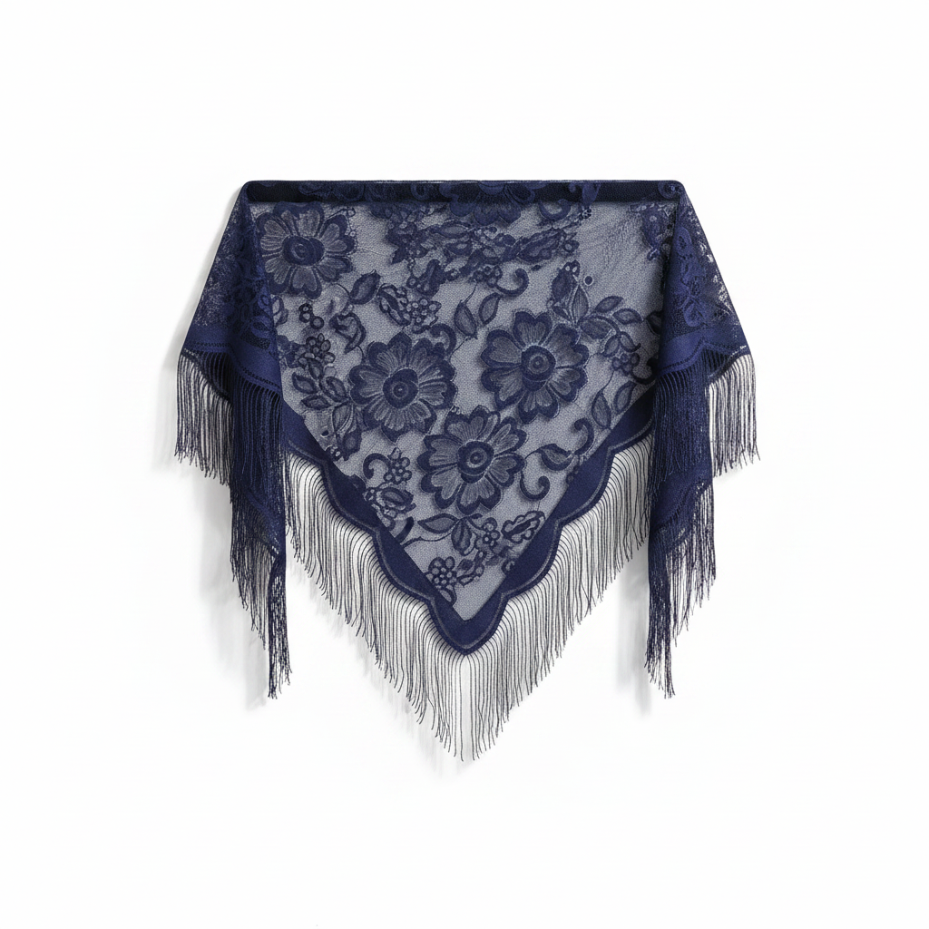 Navy blue sheer lace triangle shawl with floral embroidery and long tassel fringe on white background, studio product shot