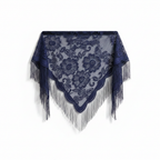 Navy blue sheer lace triangle shawl with floral embroidery and long tassel fringe on white background, studio product shot