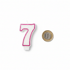 White glitter number 7 birthday candle with hot pink border placed beside a £1 coin on white background to show size scale